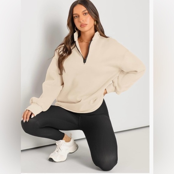 Trendy Queen Oversized Hoodie Half Zip Apricot Cozy Pull Over Sweatshirt M